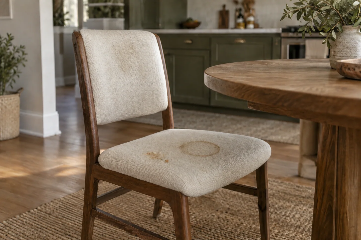 AI illustration: dining chair with food & drink spills