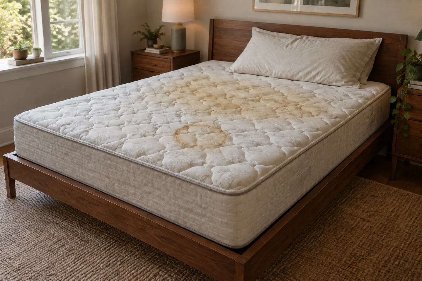 AI illustration: mattress with body oils & accident marks