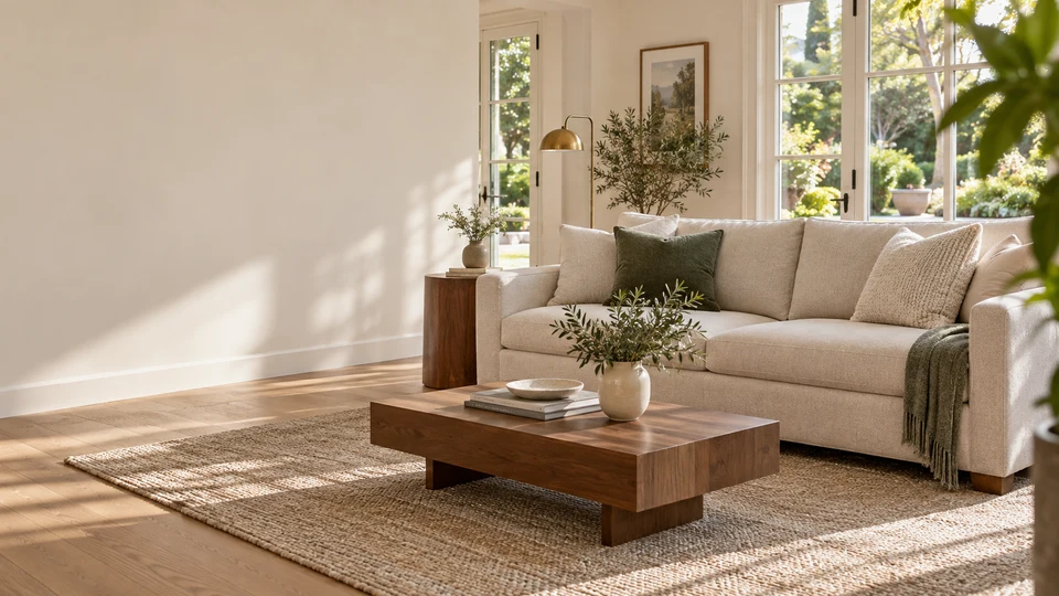 Illustrative living room with a cream sofa and olive accents