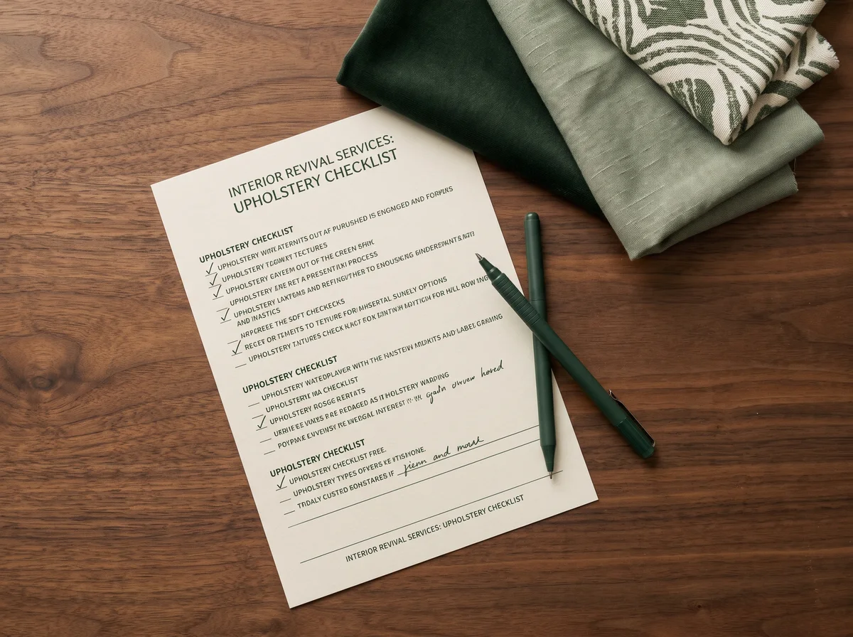 Illustrative upholstery-care checklist beside fabric samples