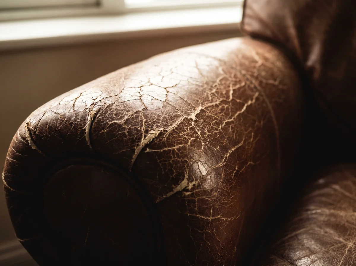 Illustrative close-up of cracked brown leather upholstery