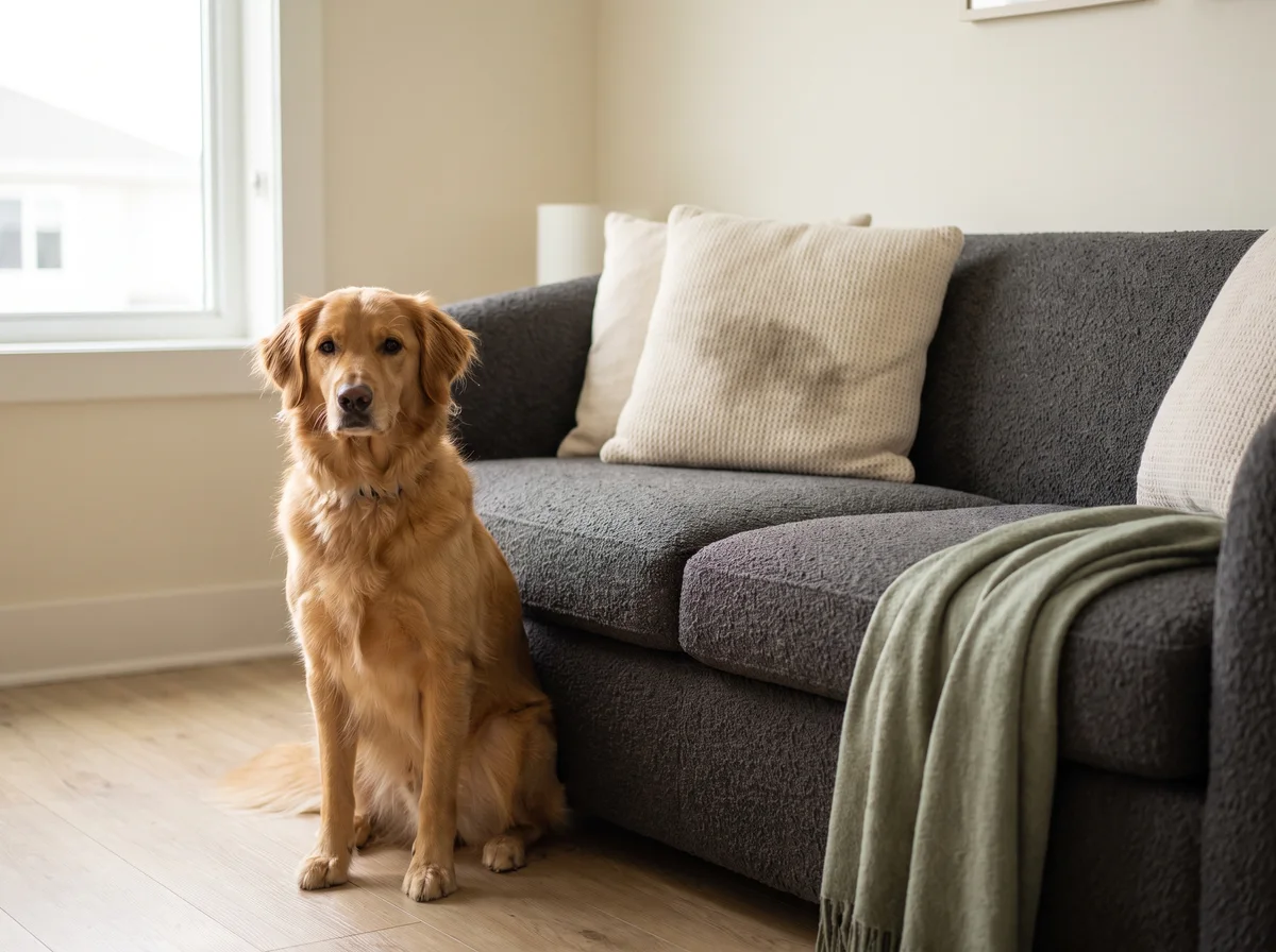 Illustrative dog sitting beside a dark fabric sofa