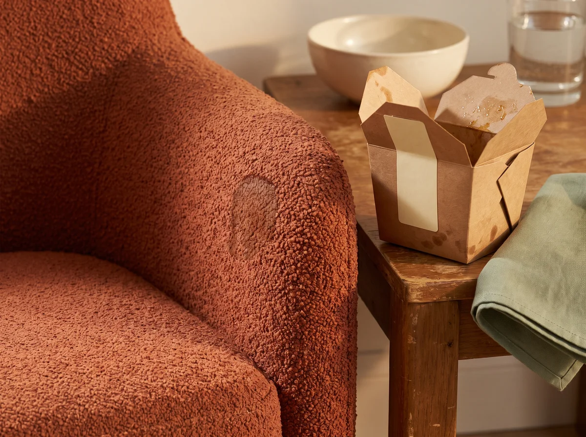 Illustrative takeaway container beside a terracotta upholstered armrest
