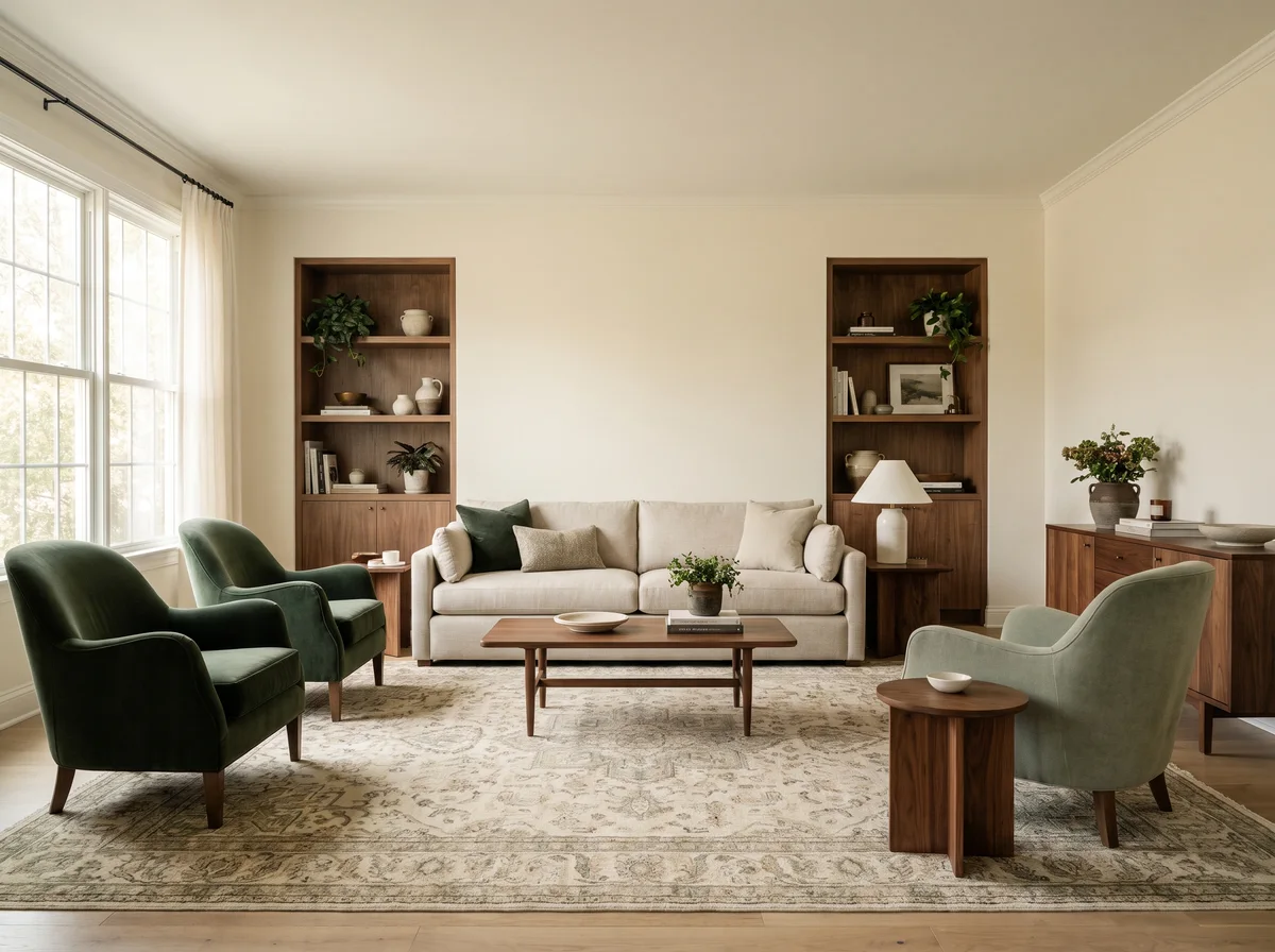 Illustrative living room with a sofa, chairs and an area rug