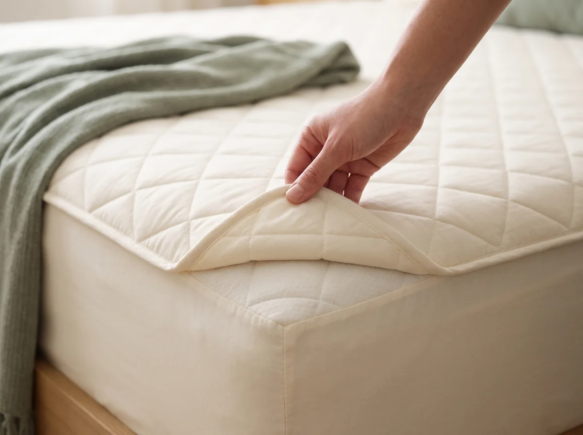 Illustrative hand lifting a mattress protector to inspect the quilted surface