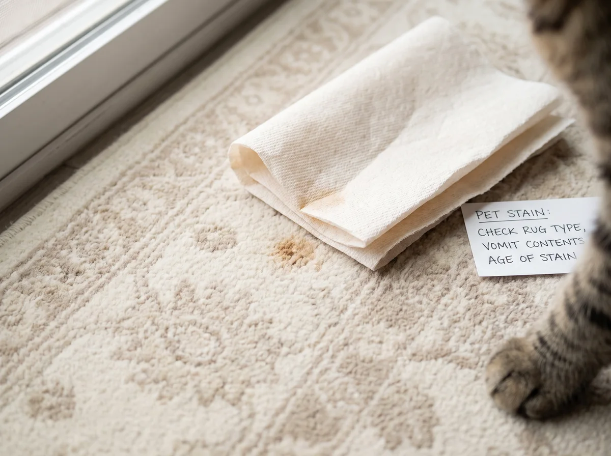 Illustrative paper towel on an area rug with a cat paw at the edge