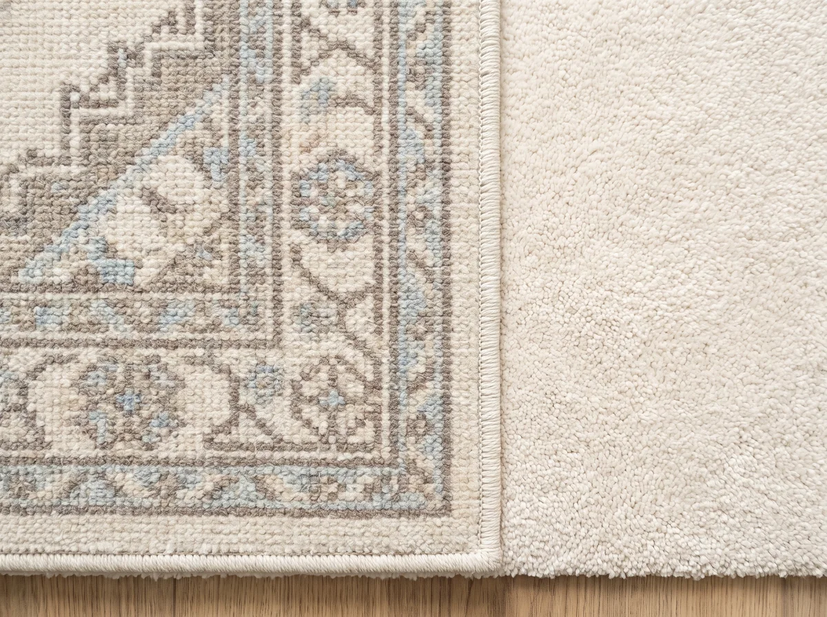 Illustrative bound area rug edge beside light carpet