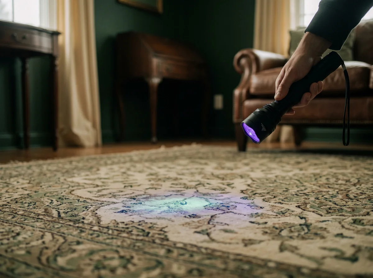 Illustrative inspection of an area rug with a handheld light
