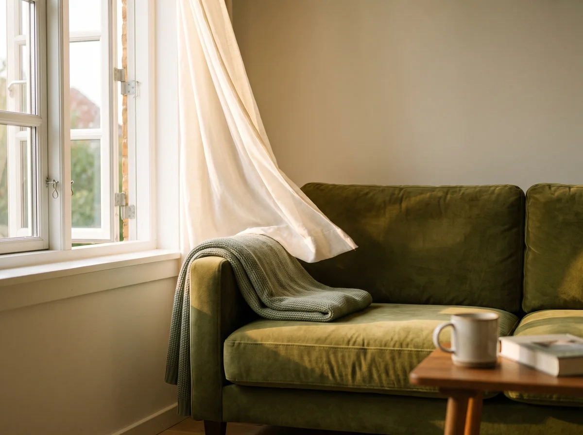 Illustrative curtain moving beside an open window and a green sofa