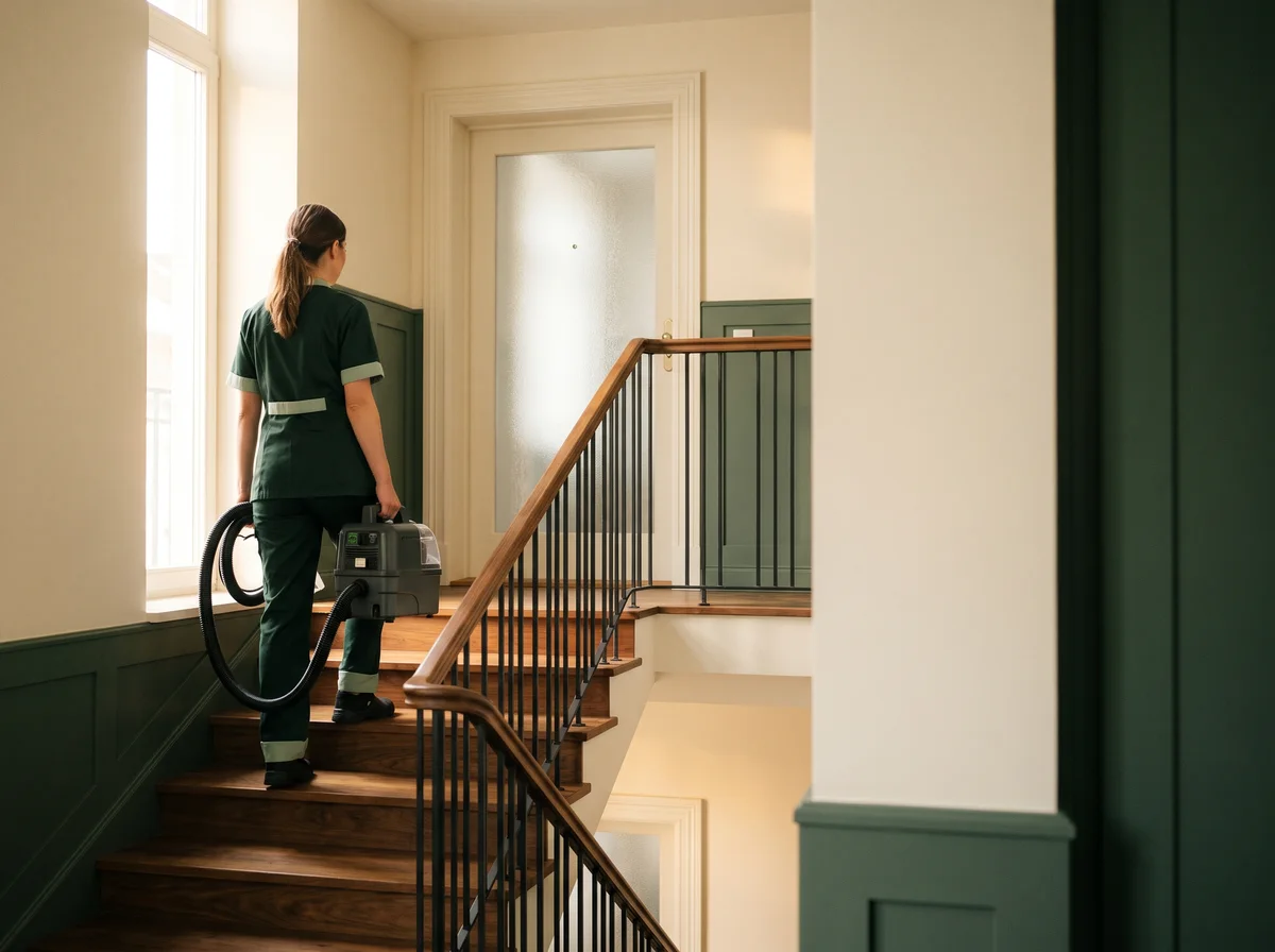 Illustrative cleaner carrying equipment up a staircase