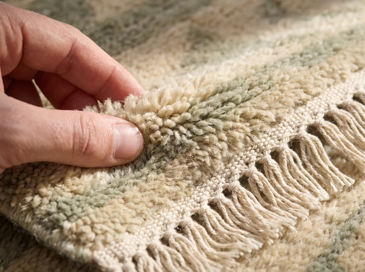 Illustrative fingers checking wool rug fibers and fringe