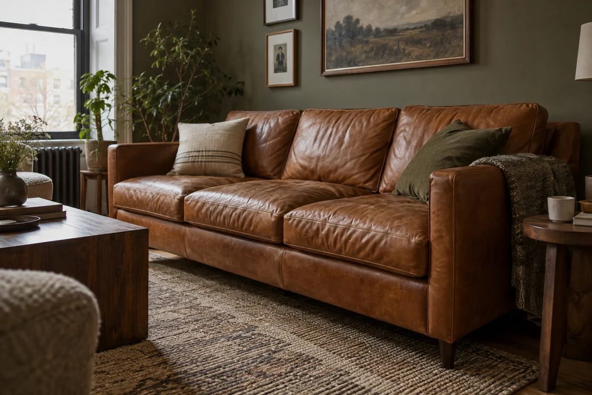 Illustrative cognac leather sofa with natural grain