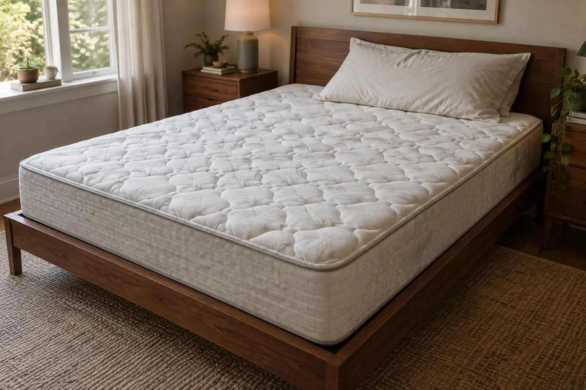 Illustrative white mattress in a warm neutral bedroom