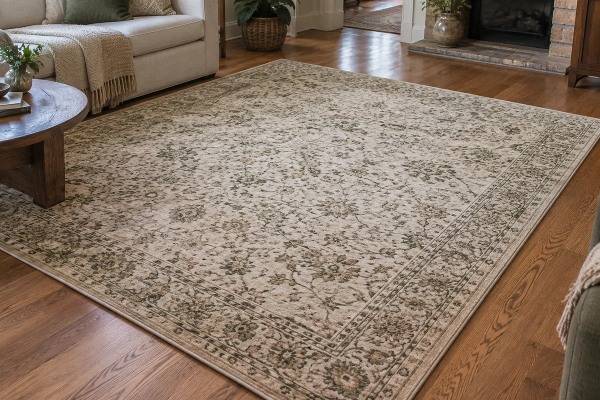 Illustrative area rug on a wood floor