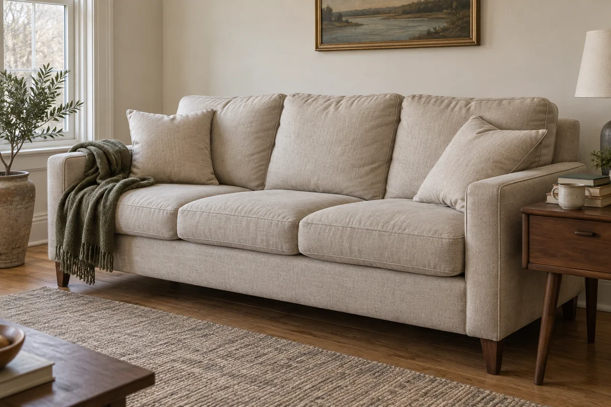 Illustrative cream sofa in a sunlit living room